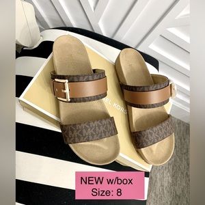 NEW Michael Kors Mylah sandals MK logo size 8 brown leather Birkenstock